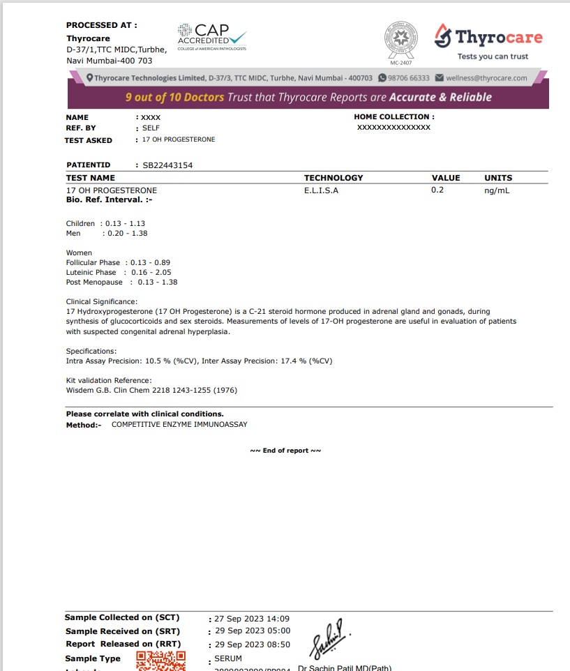 17 OH Progesterone Test Sample Report