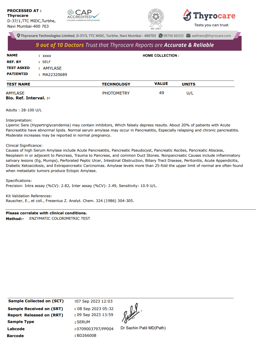 Amylase Test Sample Report