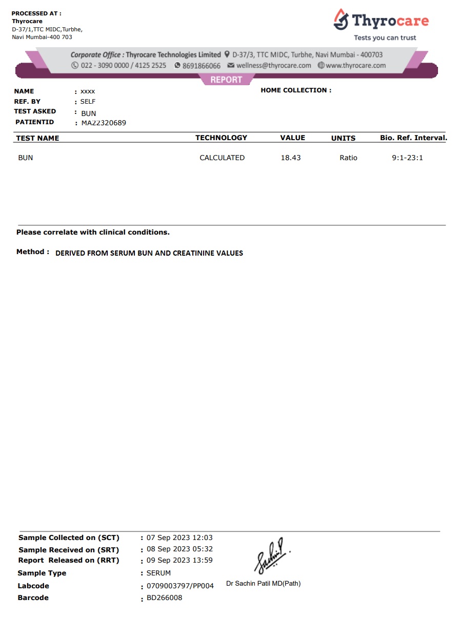 BUN Test Sample Report