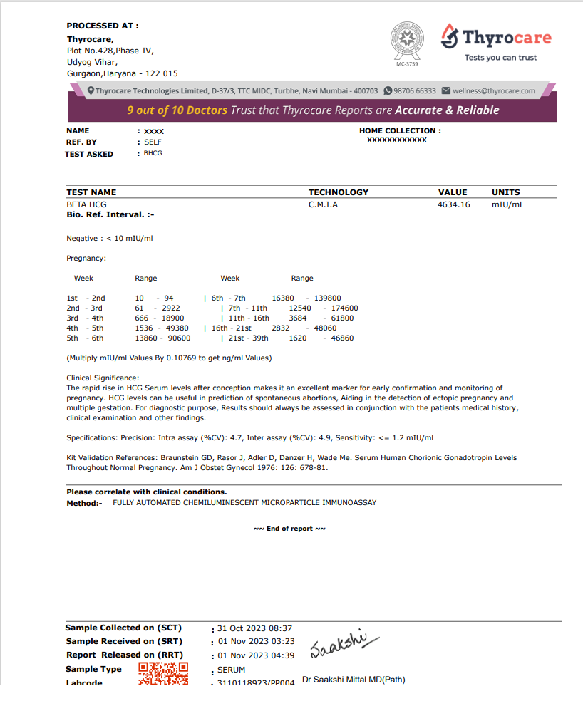 Beta Hcg Test Sample Report