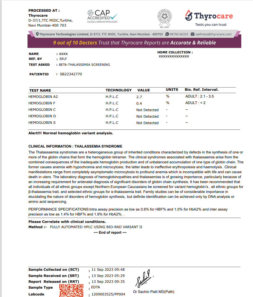 Beta thalassemia test sample report