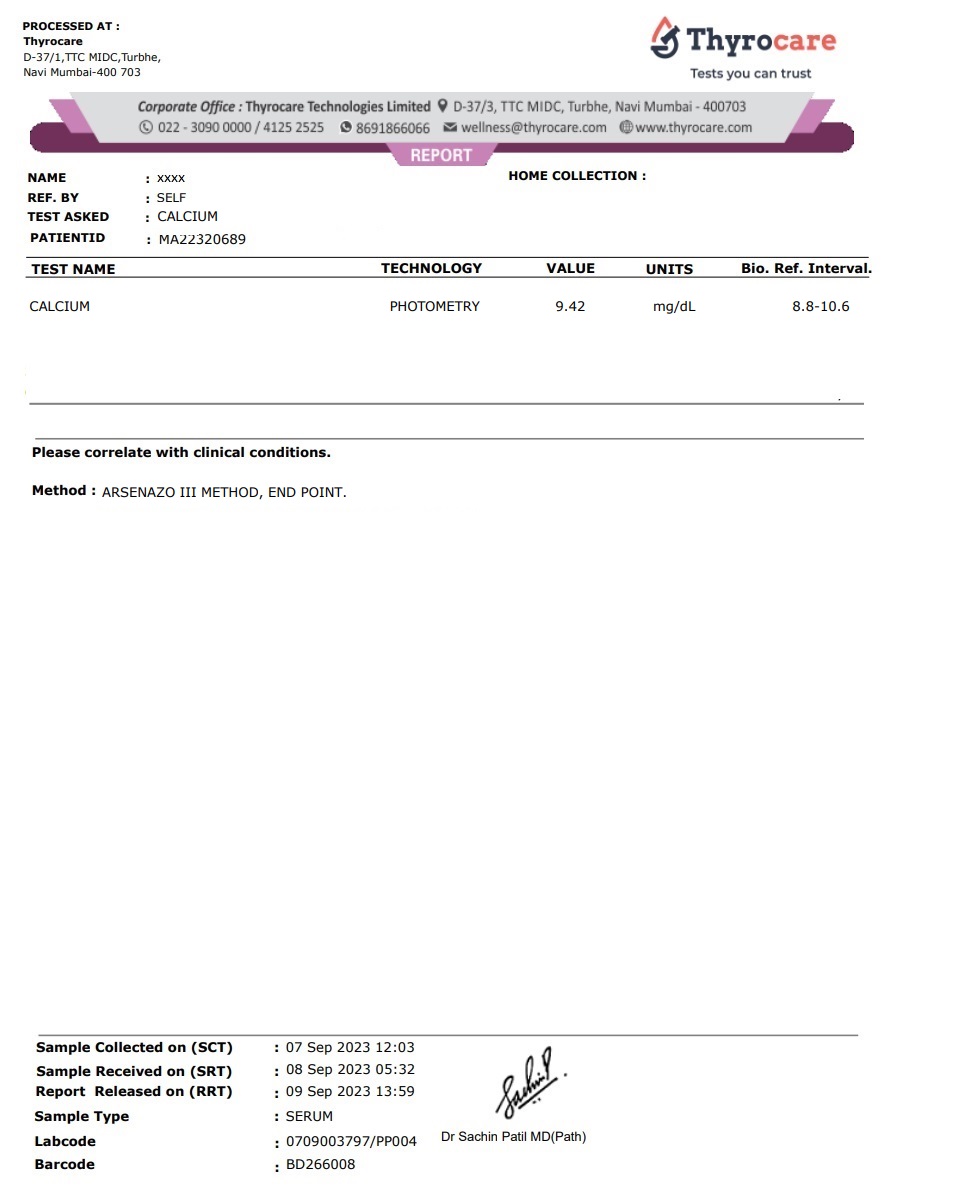 Calcium Test Sample Report