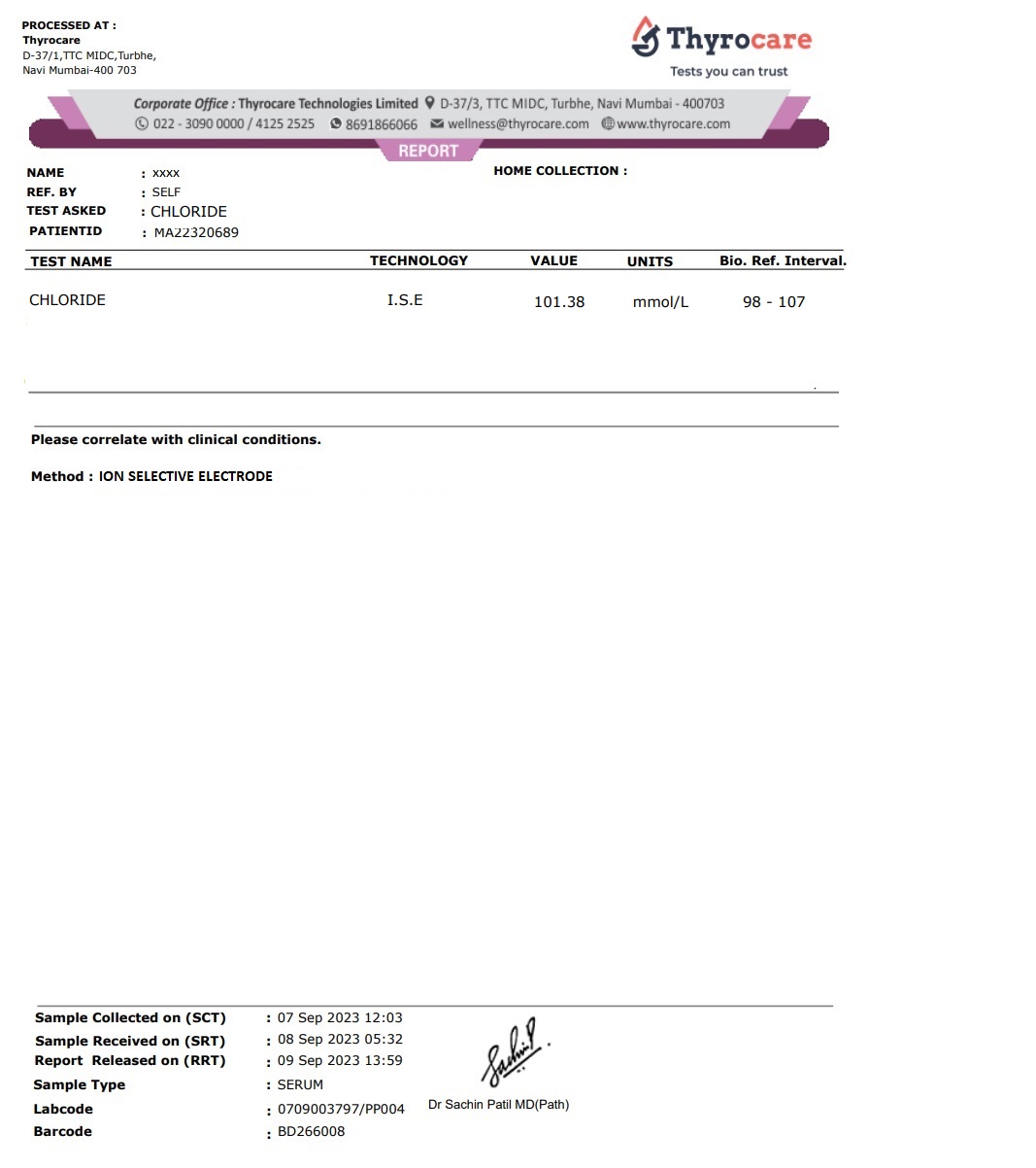 Chloride Test Sample Reprot