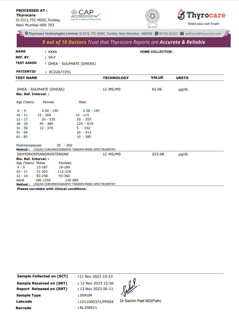 DHEAS Test Sample Report