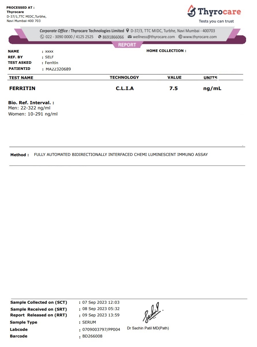 Ferritin Test Sample Report