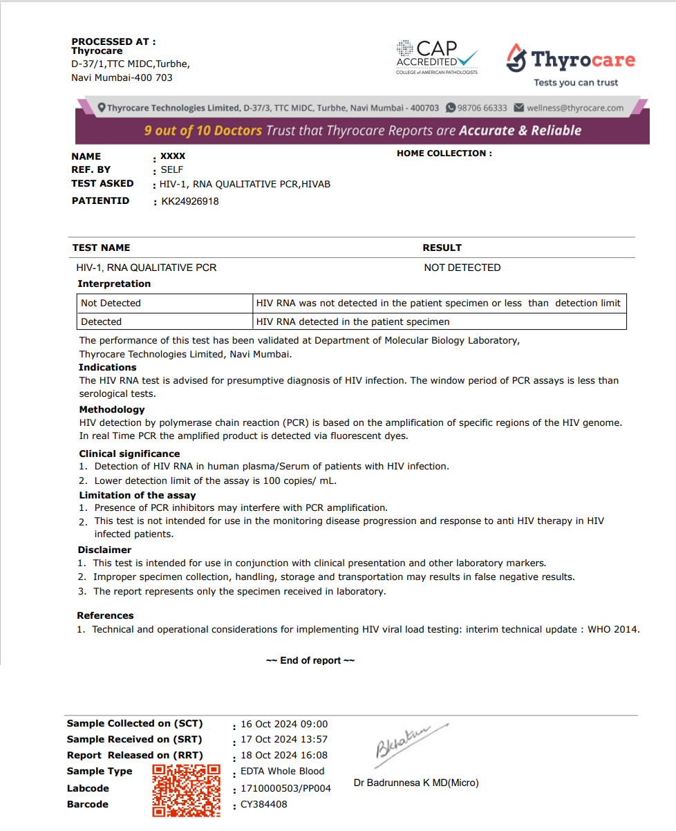 HIV-1 RNA Qualitative PCR Test Sample Report