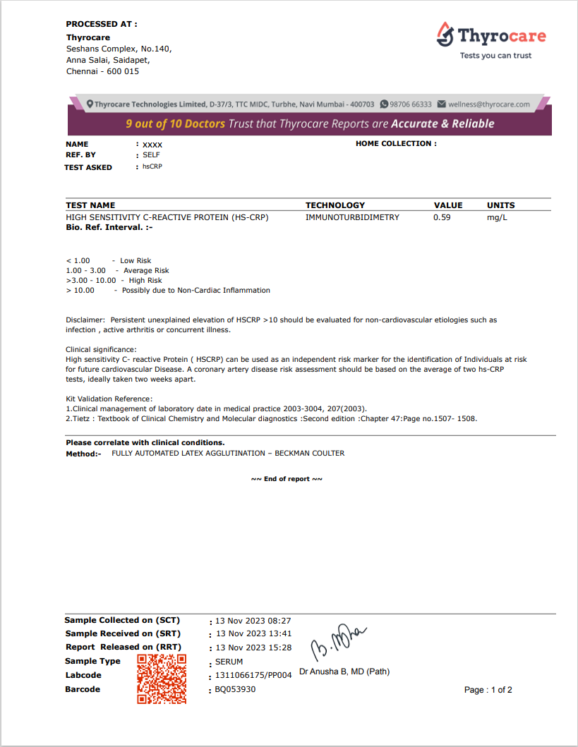 HsCRP Test Sample Report