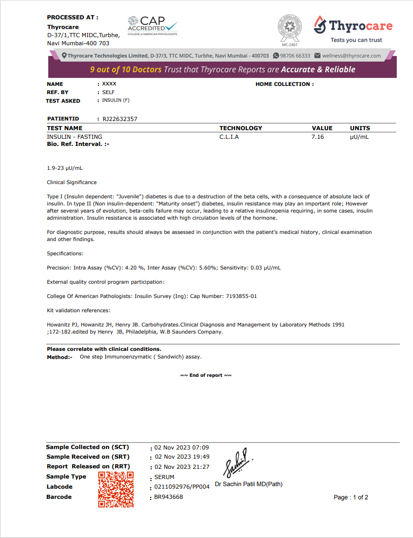 Insulin Fasting Test Sample Report