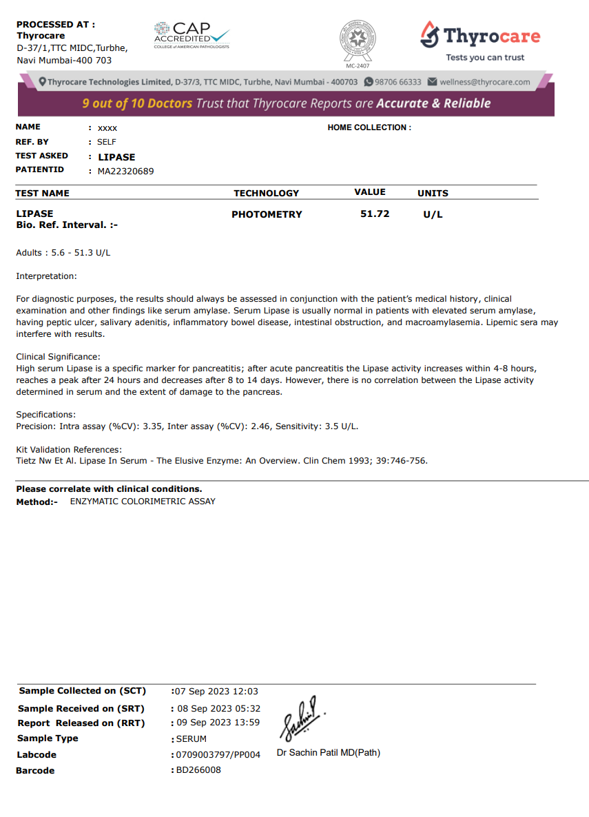 Lipase Test Sample Report