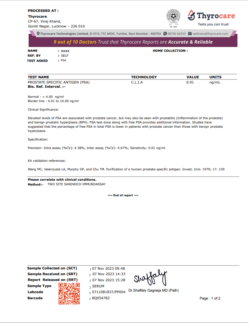 PSA Test Sample Report