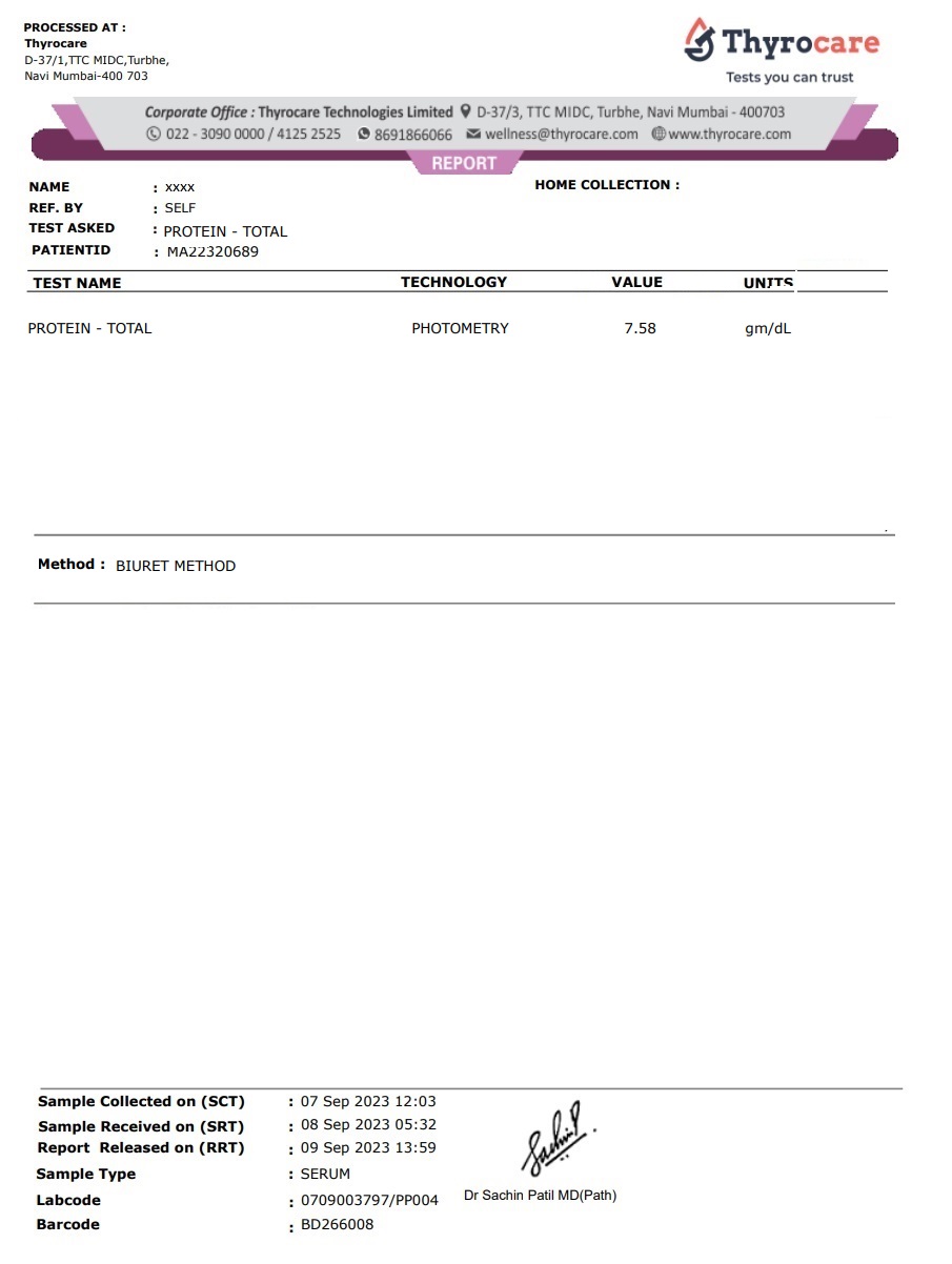 Protein Test Sample Report