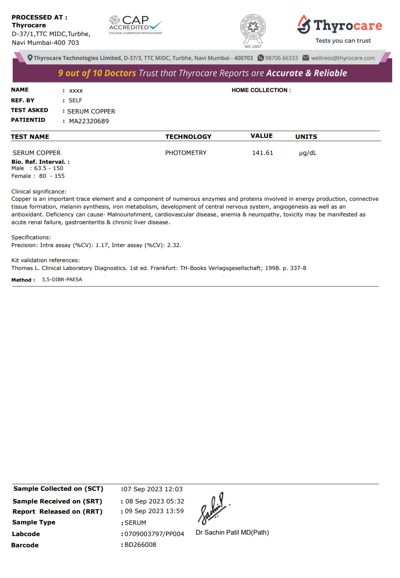 Serum Copper Test Sample Report