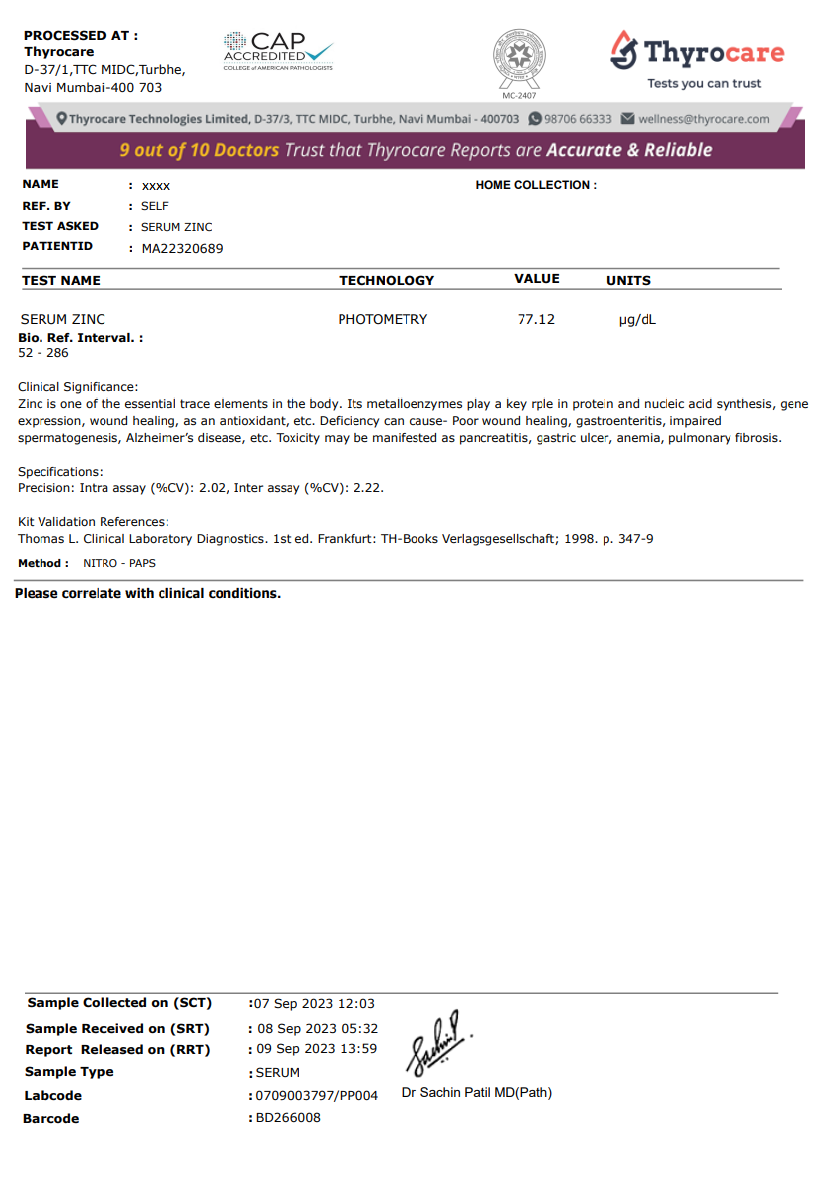 Serum Zinc Test Sample Report