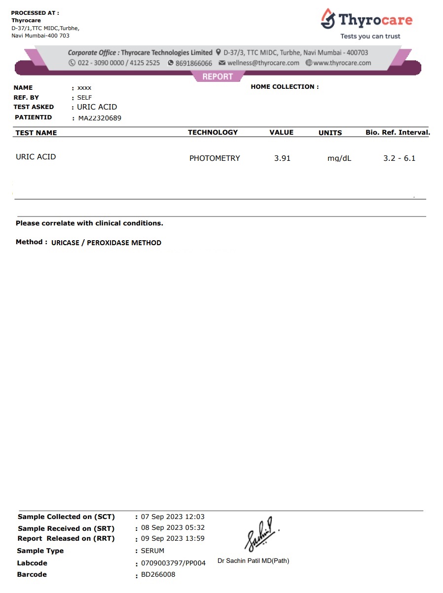 Uric Acid Test Sample Report