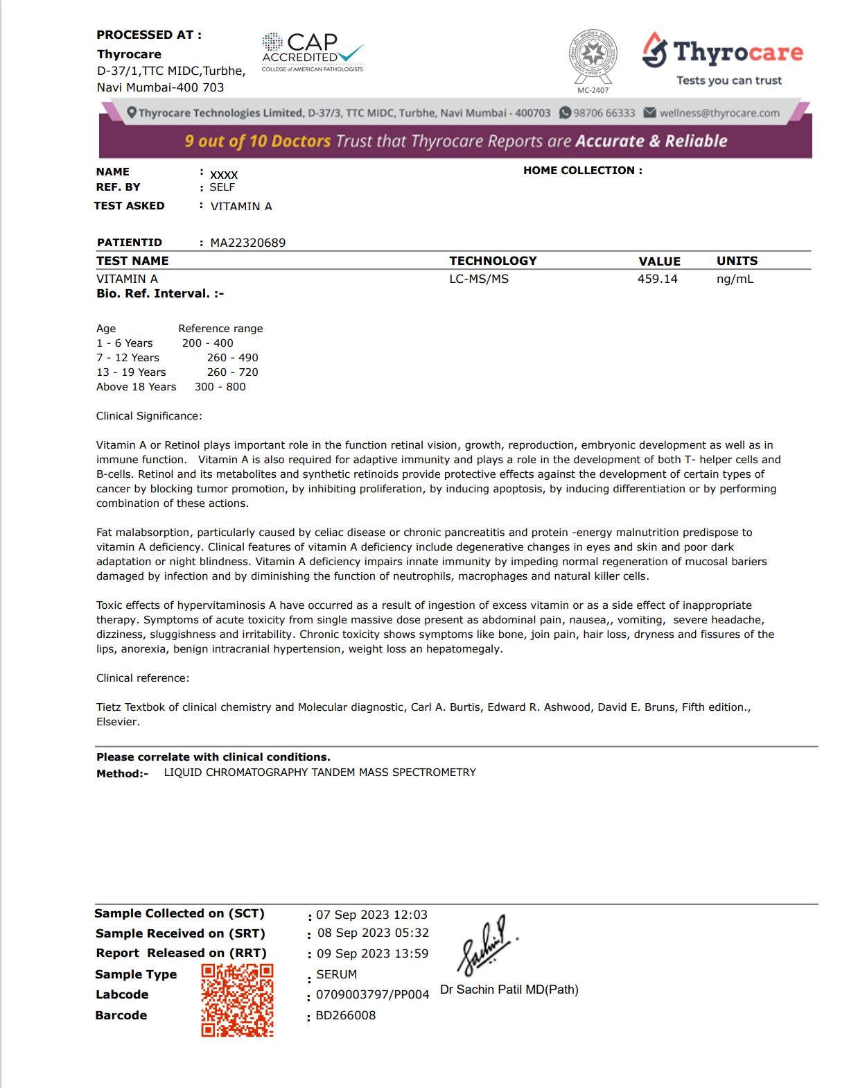 Vitamin A Test Sample Report