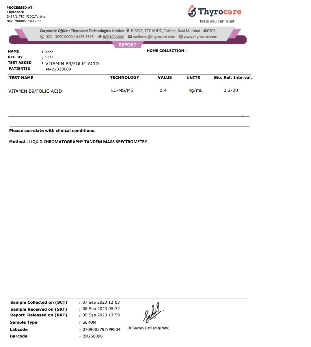 Vitamin B9 Folic Acid Test Sample Report