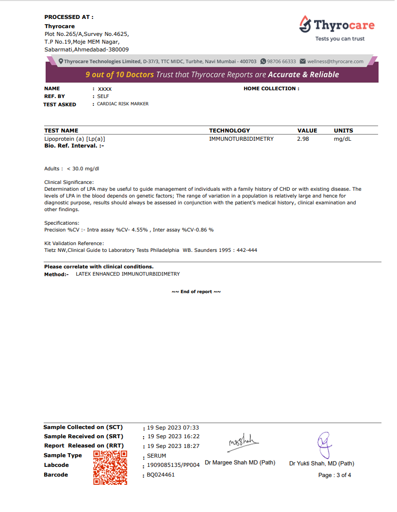 Cardiac Risk Marker Test Sample Report