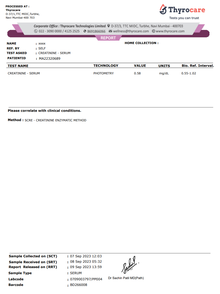 Creatinine Serum Test Sample Report