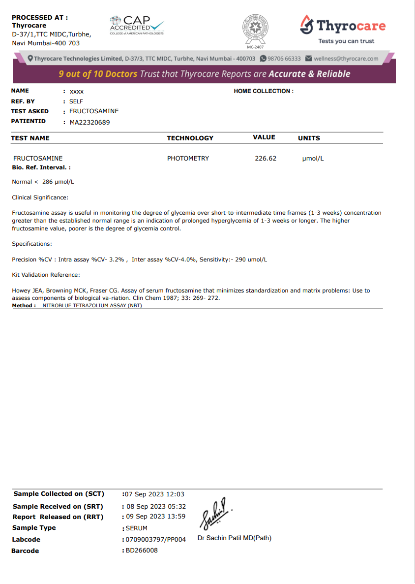 Fructosamine Test Sample Report