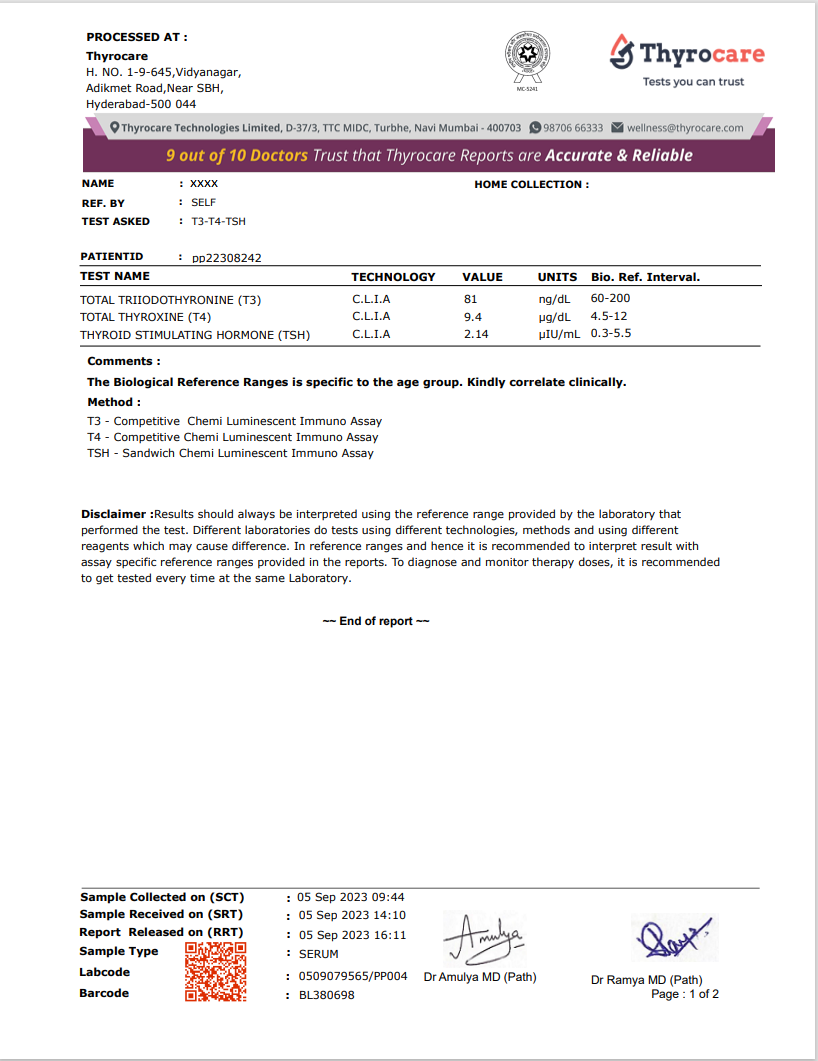 T3 T4 TSH Test Sample Report