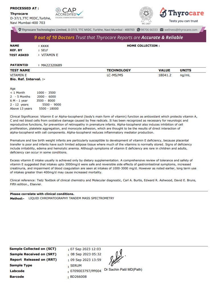 Vitamin E Test Sample Report