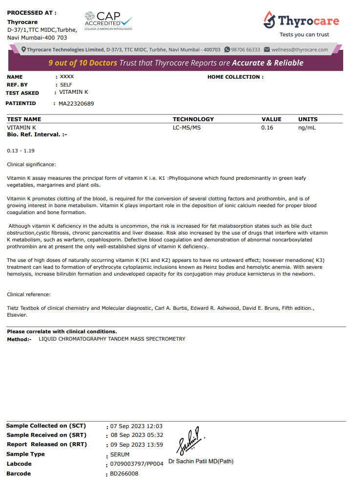 Vitamin K Test Sample Report